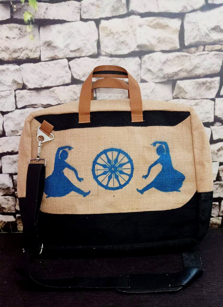 Jute laptop bag printed with Odissi dancers and Konark wheel
