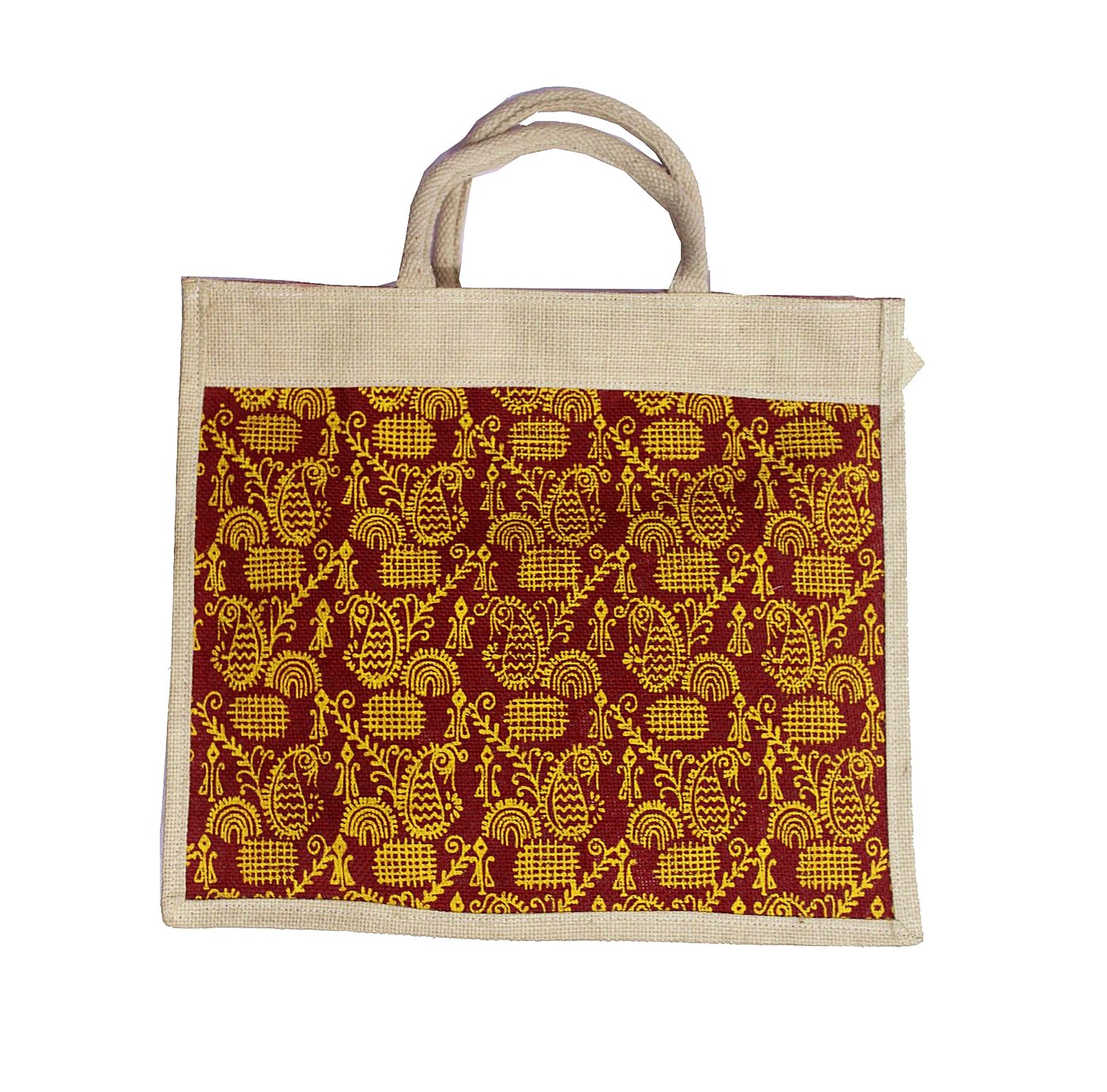 Jute shopper with maroon and yellow block print